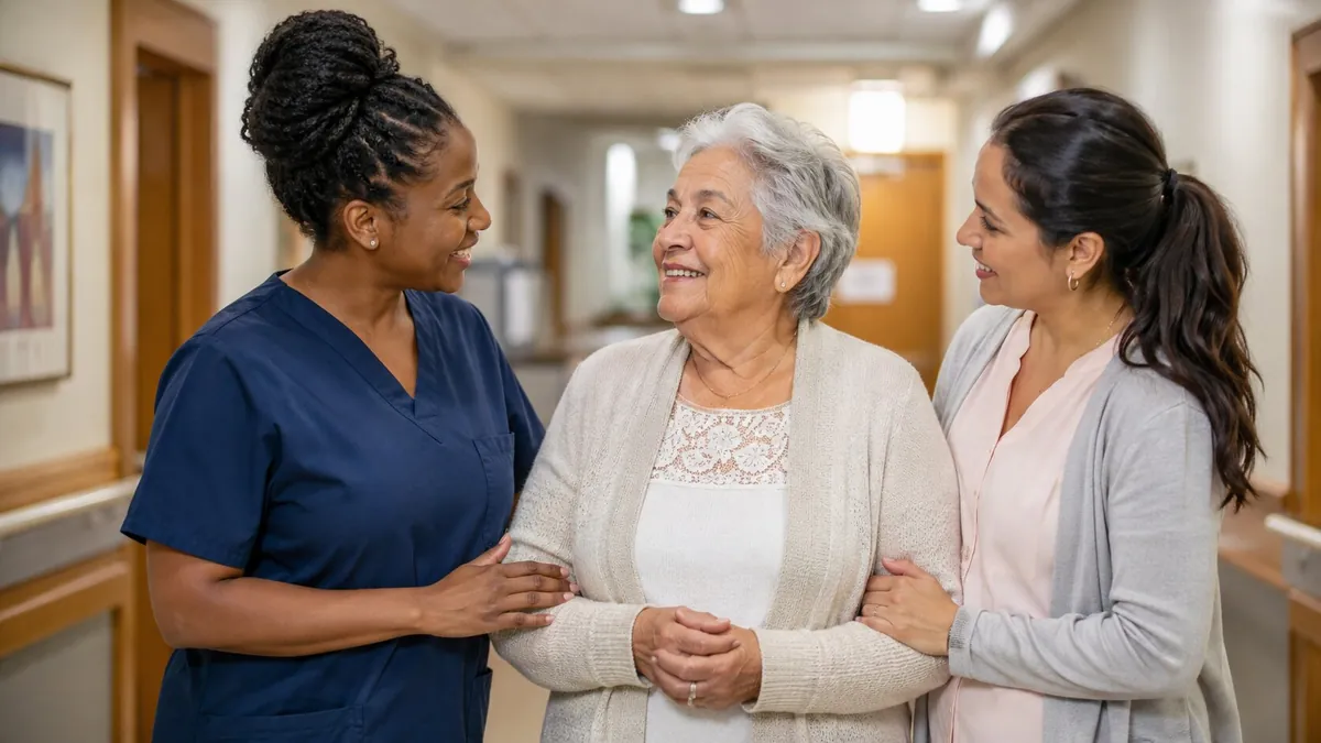 A caregiver talking with a resident and her family member in a care home hallway
