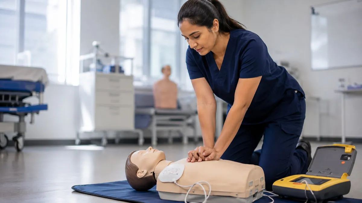 A nurse conducting hands-on CPR training