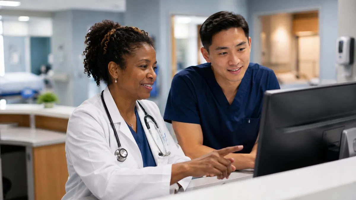 A physician and a nurse conferring at a nurses station